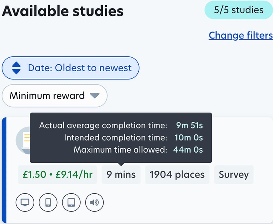 Prolific study paying £1.50 for 9 minutes, or £9.14 an hour