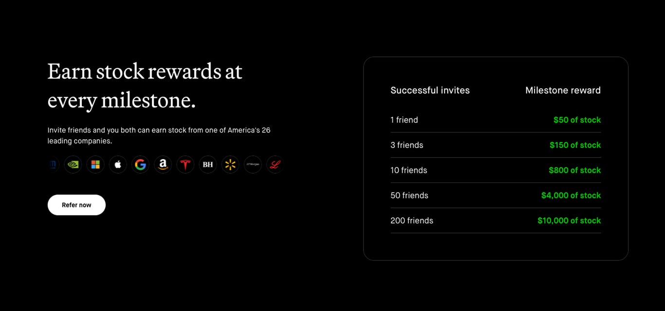 Robinhood referral table showing stock rewards for friend milestones