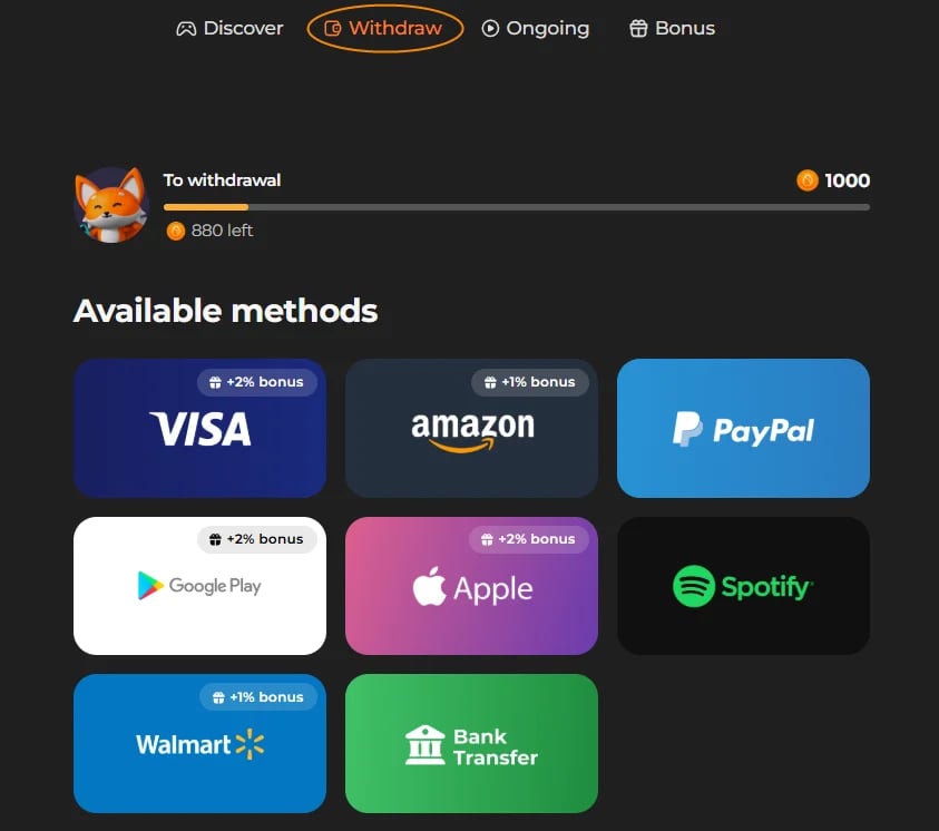 Scrambly withdraw tab with PayPal