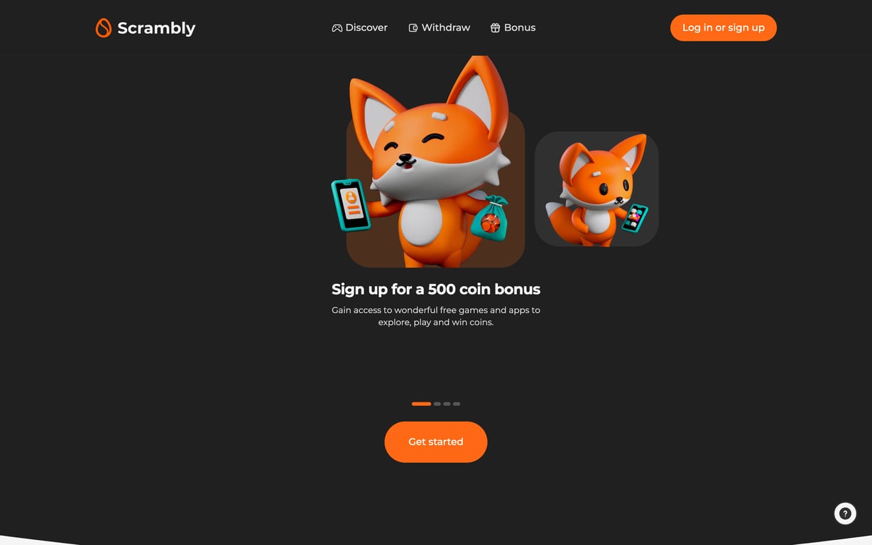 Scrambly sign-up screen offering a 500 coin bonus