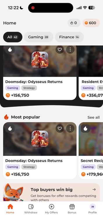 Scrambly home screen with Gaming tab and most popular games