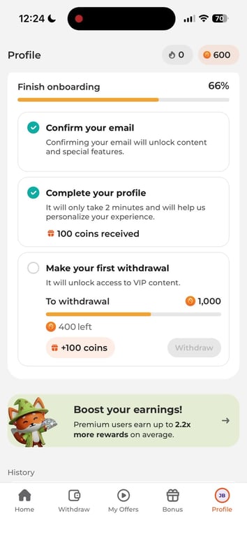 Scrambly onboarding checklist at 66% on the profile screen