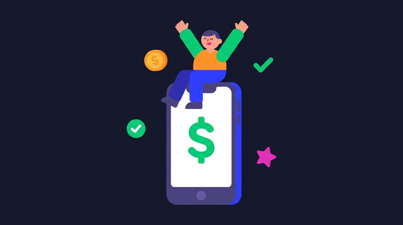 Illustration of a person sitting on a giant smartphone with a gold coin beside them