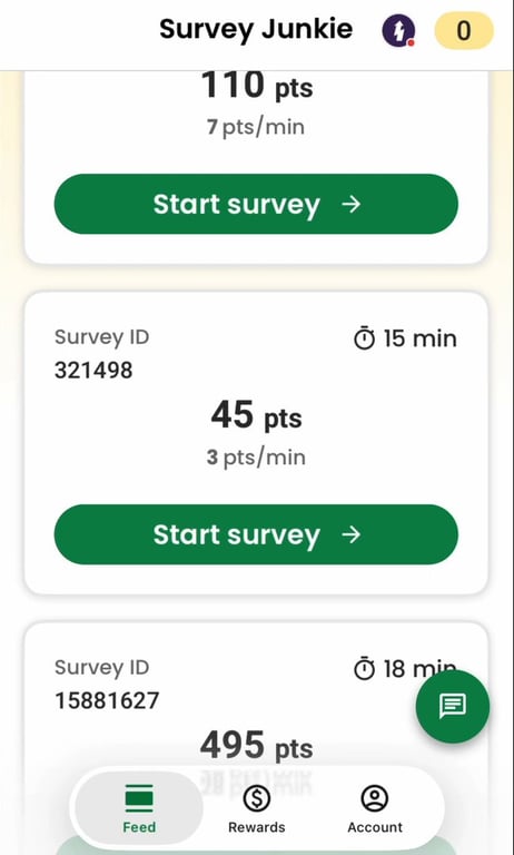 Survey Junkie feed with each survey's points and length