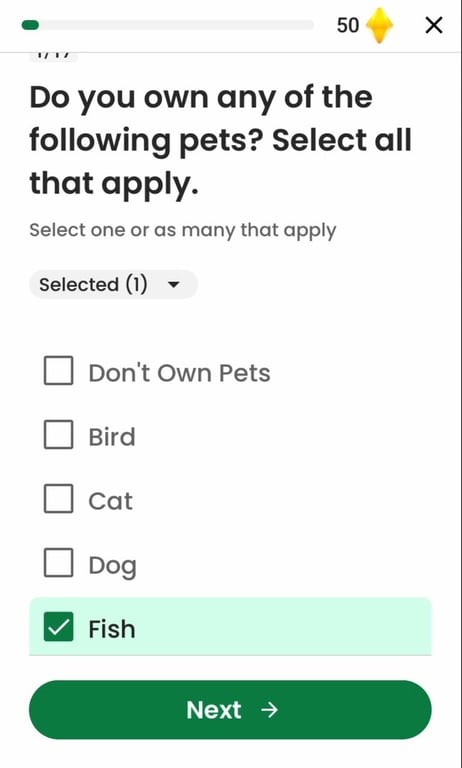 Survey Junkie profile question asking which pets you own