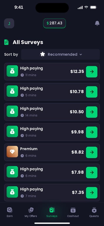 Freecash All Surveys list with each survey's reward and length