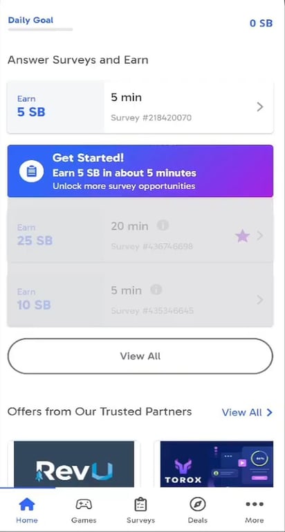 Swagbucks home with a 5 SB starter survey that unlocks more