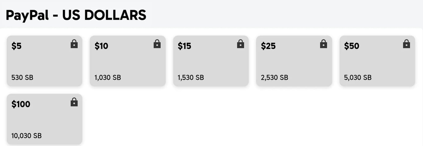 Swagbucks PayPal amounts and SB prices