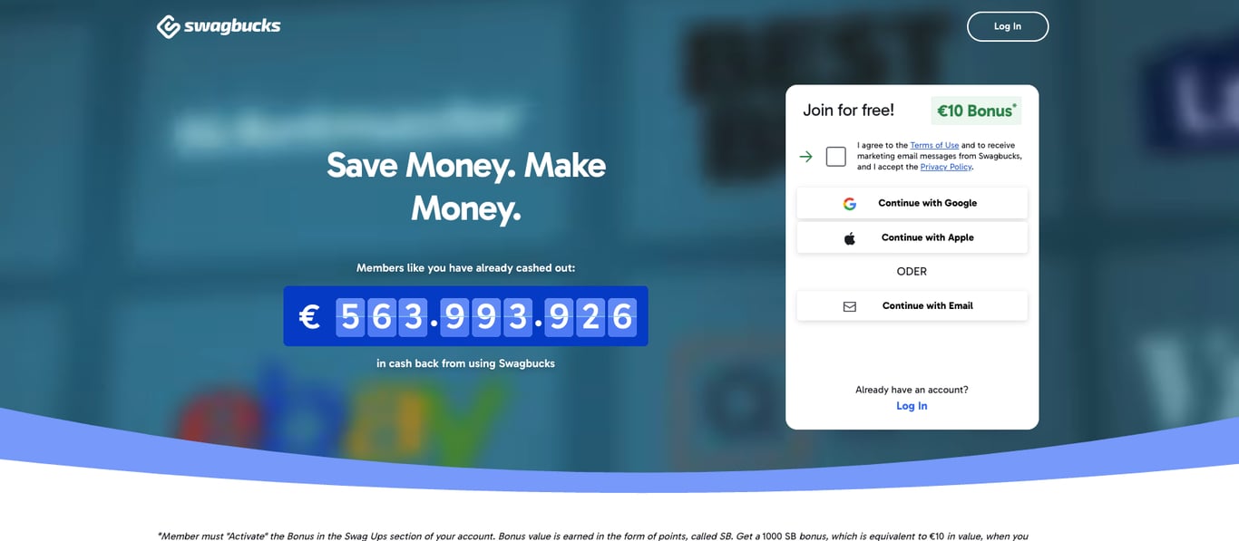 Swagbucks homepage with a sign-up panel offering a cash bonus