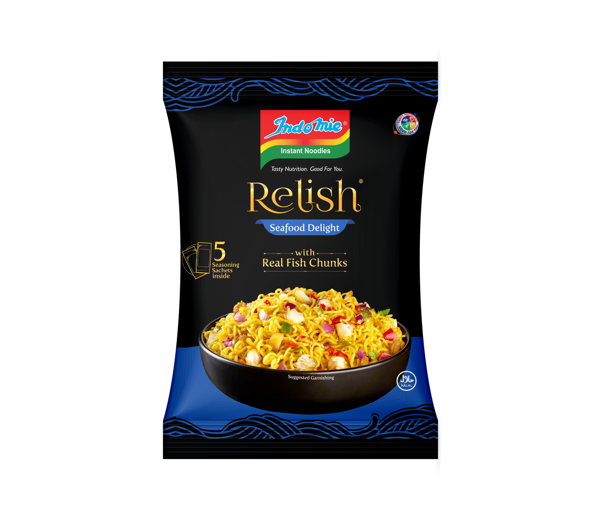 Indomie Relish Seafood flavor with Real fish chunks