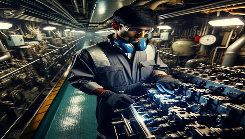 a young man working in the engine room of a ship with equipment