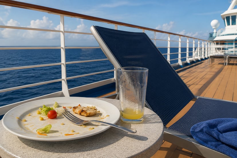 A plate of leftover food and a glass of unfinished juice next to a sun lounger on the deck of a cruise ship