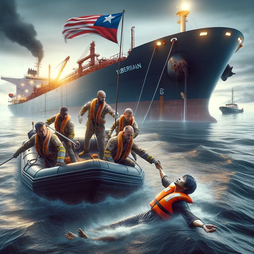 AI generated image of a tanker crew rescuing a fisherman from the water