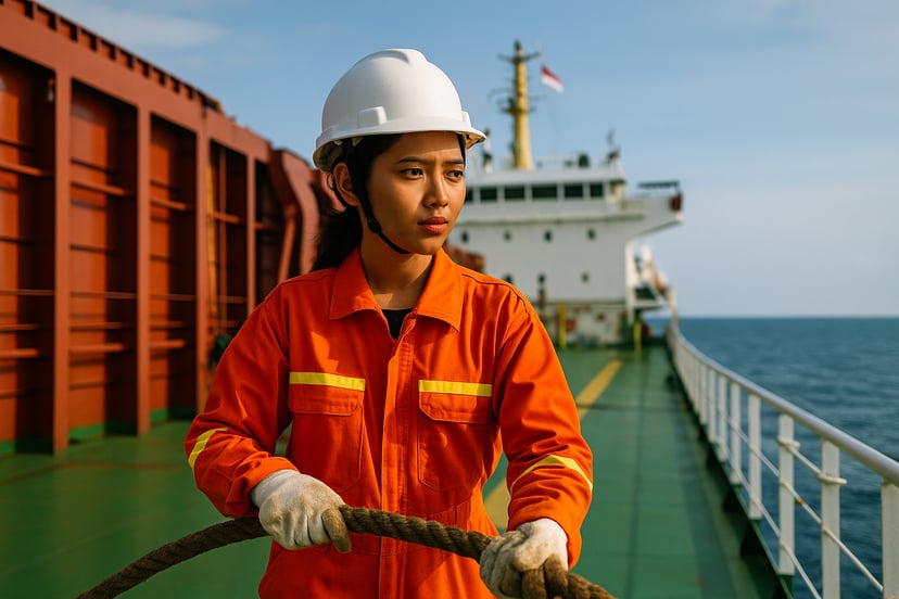 a young Indonesian woman working in a deck crew job on a container ship