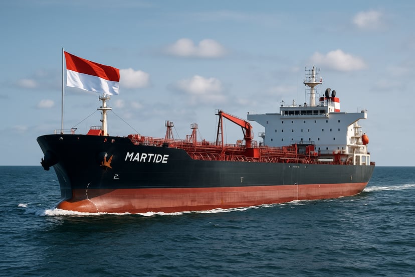 An oil tanker flying the flag of Indonesia on its bow