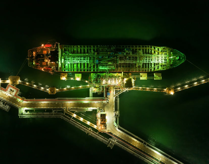 Aerial view of an LNG carrier at night