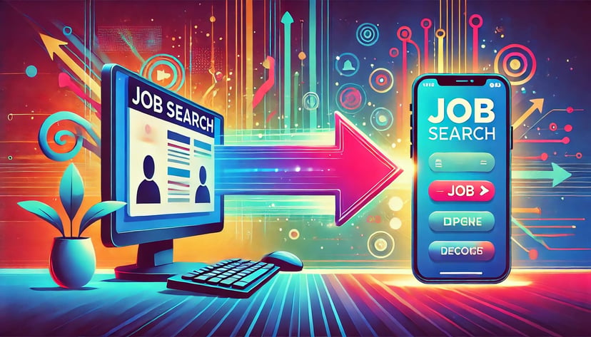 a desktop PC with a job search on it with an arrow pointing to a job search on a smartphone