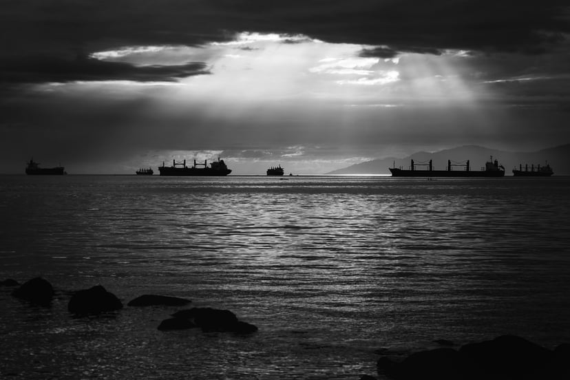 The silhouettes of bulk carriers at sea under a cloudy sky