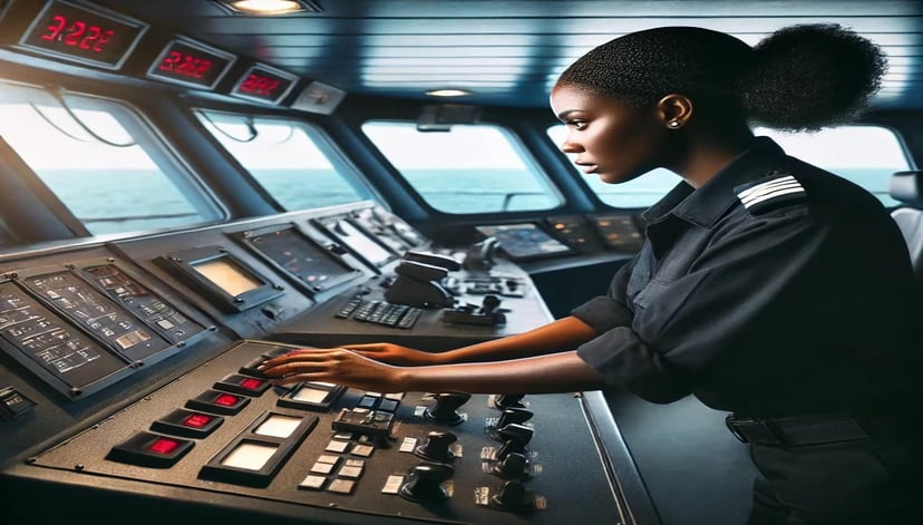 a woman working in a seafarer jobs, using the ship control panel on the bridge