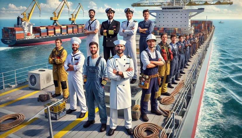 different seafarer ranks and people working in maritime jobs on a container ship deck