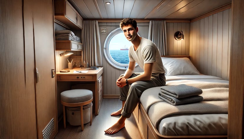 a male seafarer sitting on his bed in a tidy cabin