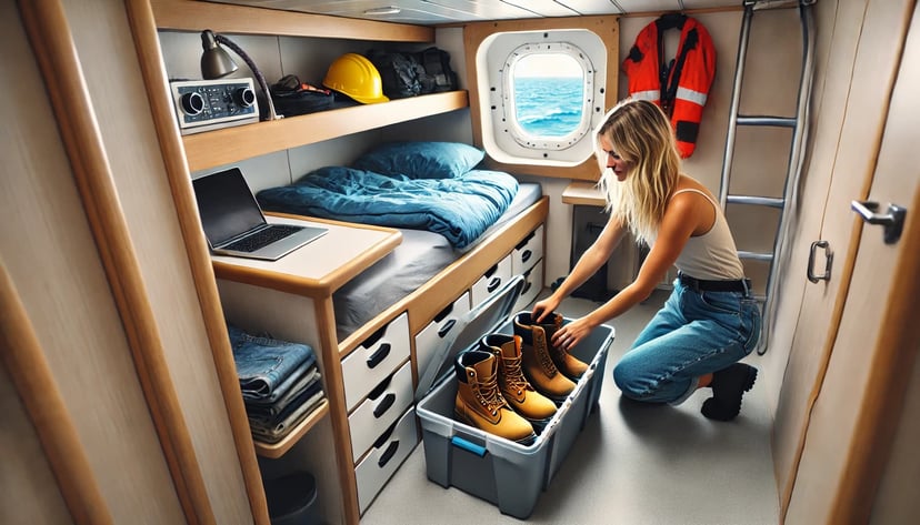 a female seafarer working in a job at sea, packing her work boots into a storage box in her cabin