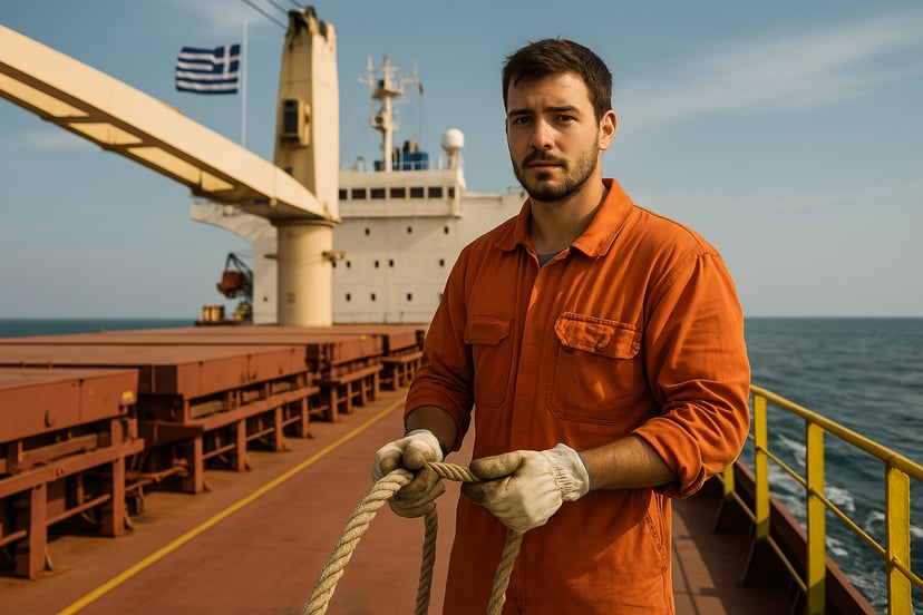 a man holding a line while working in a deck crew job on a cargo ship that is flying the Greek flag