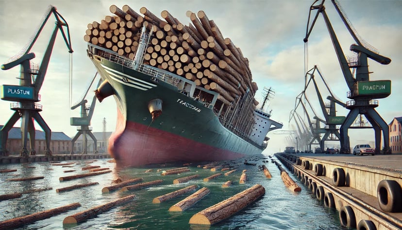 a cargo ship with a load of timber logs listing in port causing the logs to fall into the water