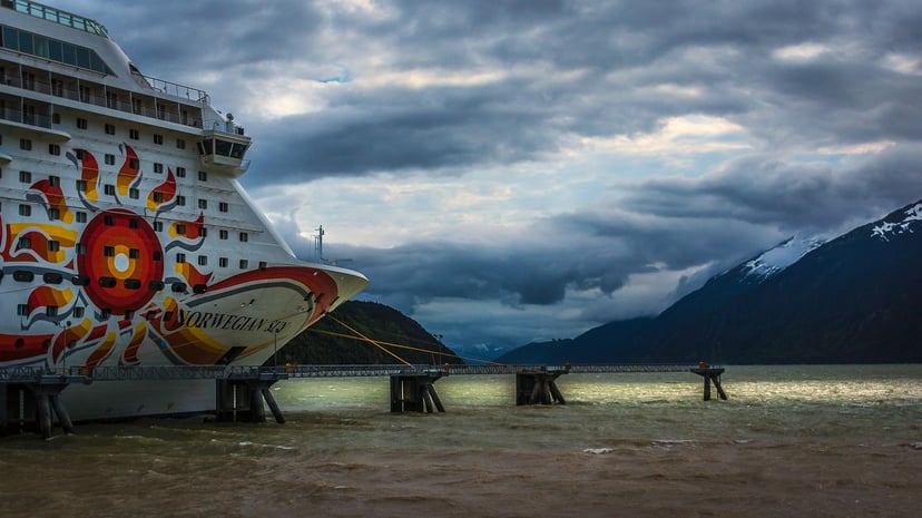 The Norwegian Sun cruise ship passing under a bridge