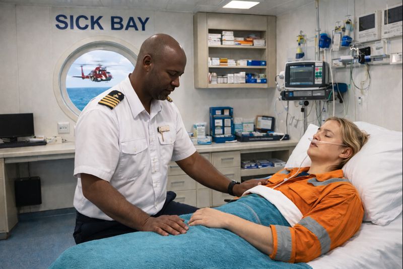 a ship's Medical Officer sitting by the bed in the sick bay in which a young seafarer lies with her eyes closed
