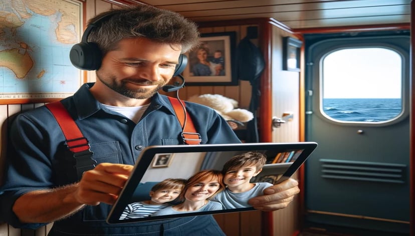 a man working in a seafarer job on a ship video calling his family