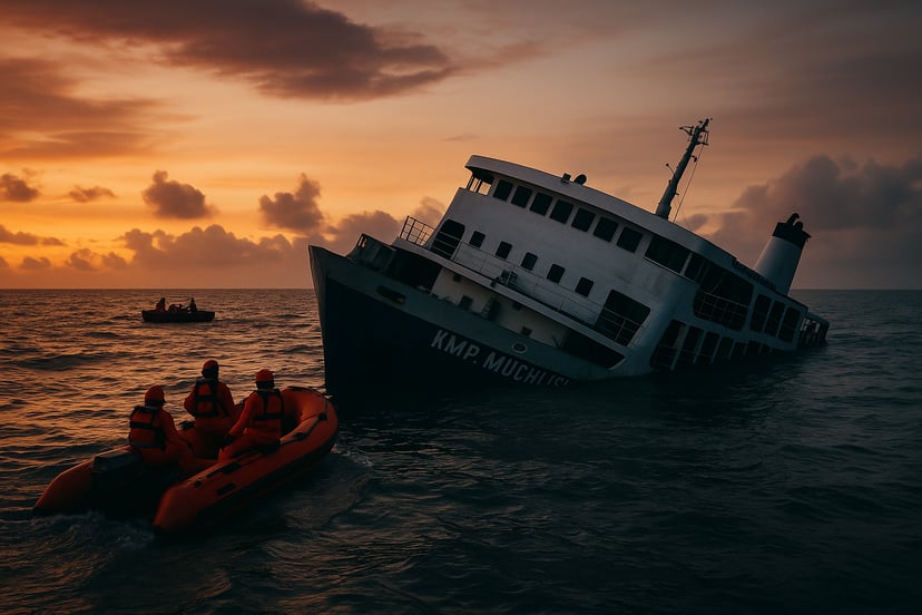 The sinking passenger ship off the coast of Indonesia at sunset