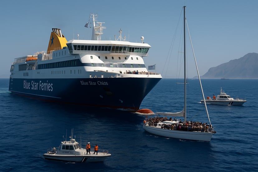 A Blue Star Ferry rescuing a small boat of migrants off the coast of Greece