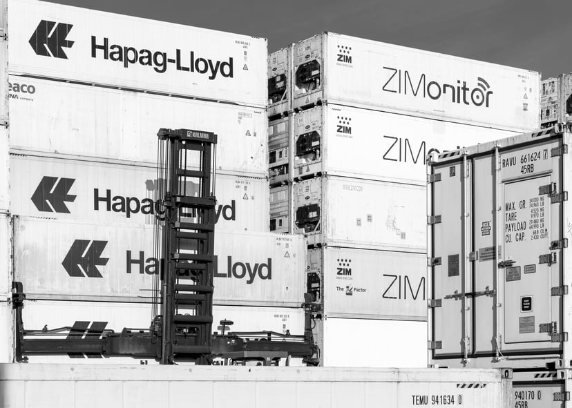 Hapag-Lloyd and ZIM shipping containers in a port