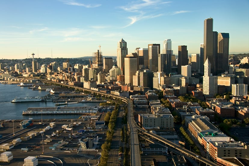 An aerial view of Seattle's waterfront and port