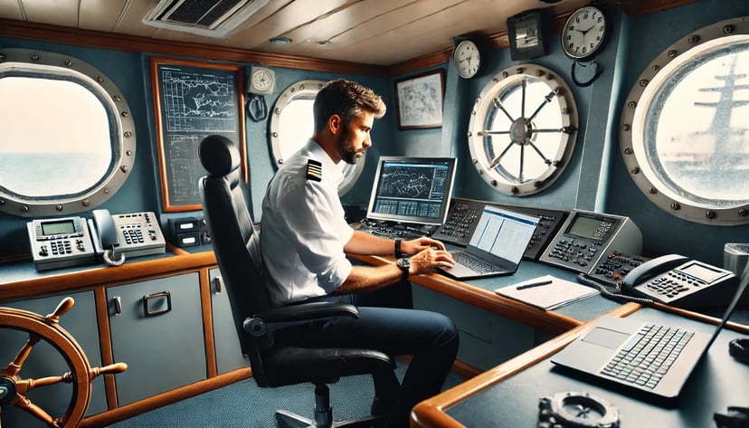 a marine officer surrounded by technology while using a laptop in an office on a ship
