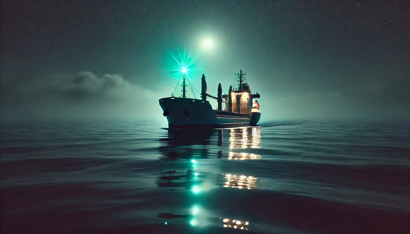 A bulk carrier moored at night