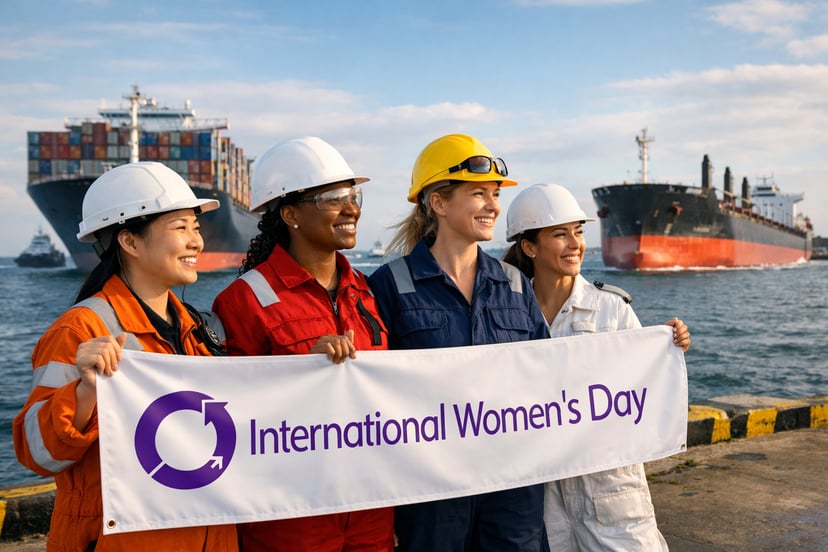 Four female seafarers standing on a dock holding a banner that says 'International Women's Day'
