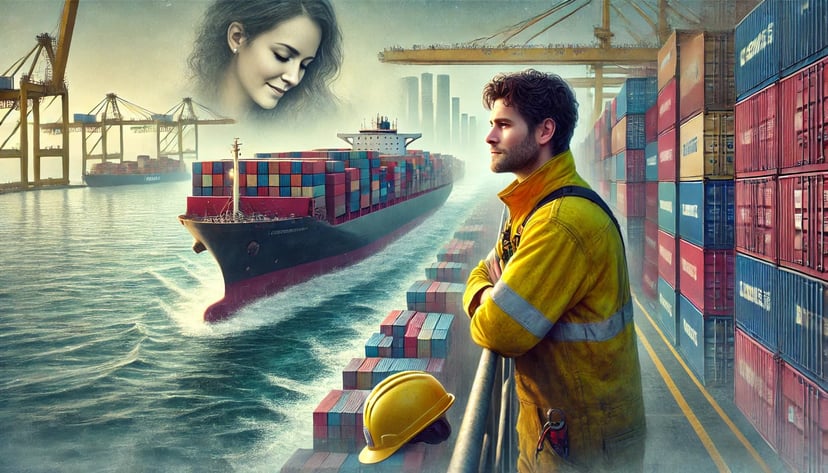 a seafarer standing on the deck of a container ship thinking about his wife