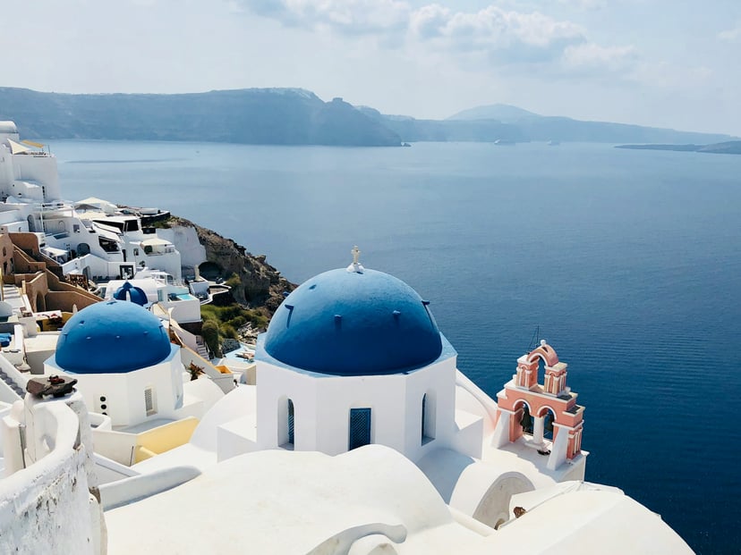 Blue domed churches in Santorini, Greece