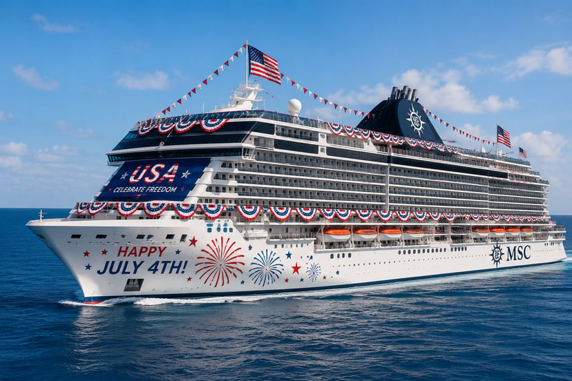An MSC cruise ship at sea with 4th of July decals on its hull