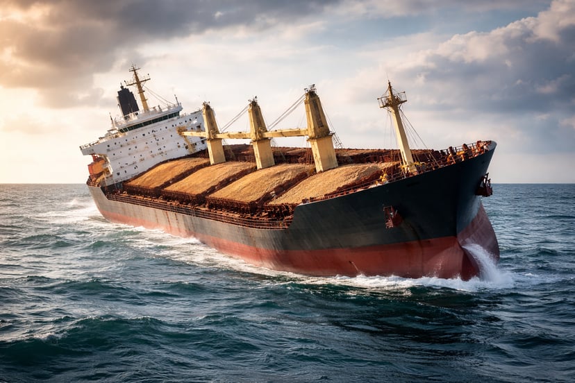 a bulk carrier carrying a cargo of sand and listing to one side