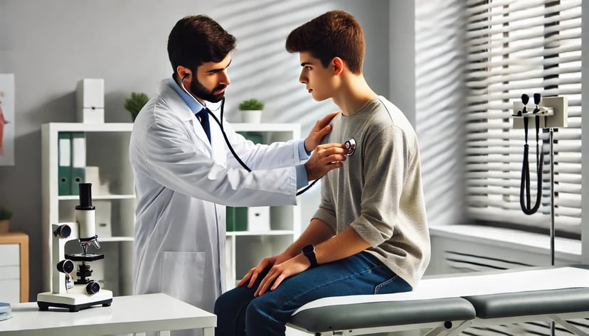 a young man in a doctor's office having his heart beat listened to by the doctor