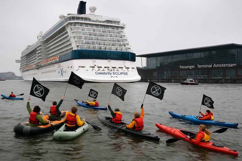 Extinction Rebellion protesters canoeing towards Celebrity Eclipse at Amsterdam's cruise terminal