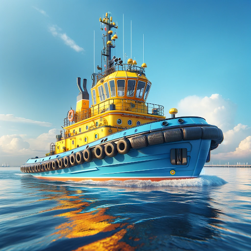 AI generated image of a yellow and blue tugboat