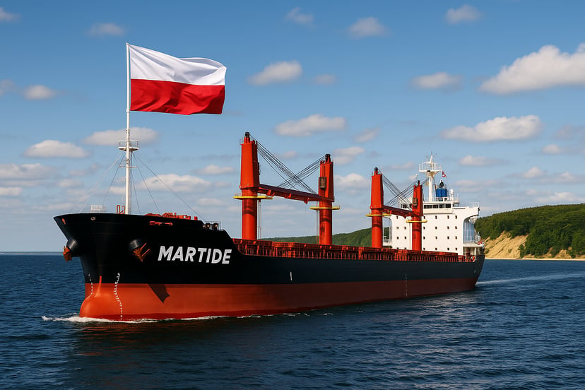 A cargo ship called Martide flying the Polish flag on its bow