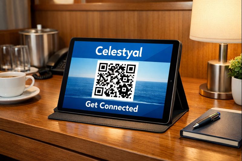 A tablet PC showing a QR code on the desk in a cruise ship cabin