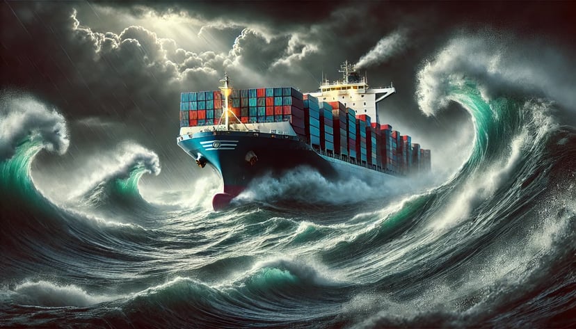 a container ship in rough seas with high waves