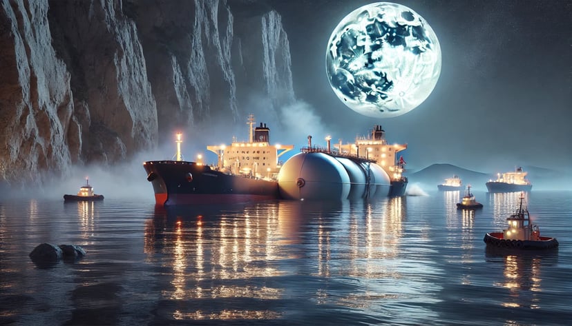 A bulk carrier and LNG carrier colliding in a bay at night