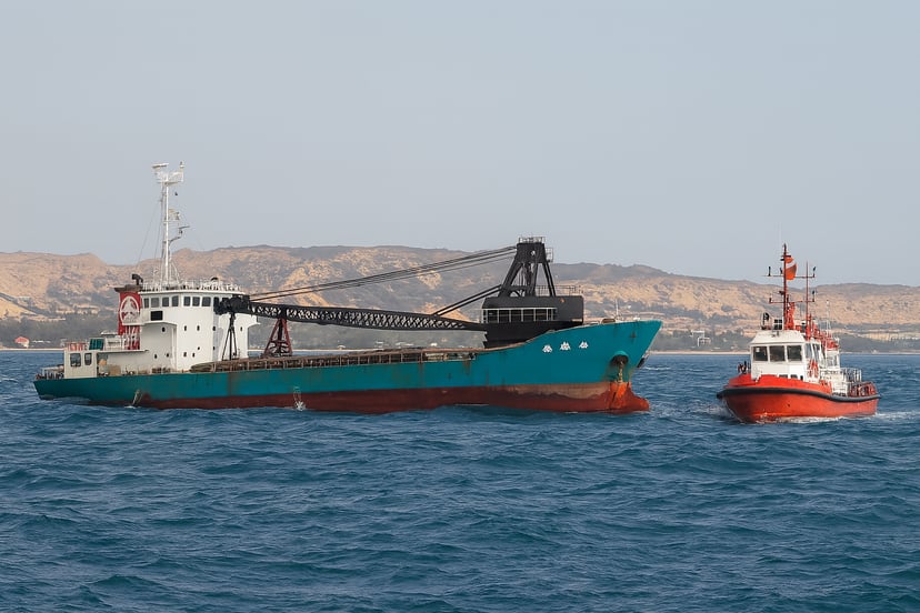 The aggreggate carrier Sana being approached by a rescue boat